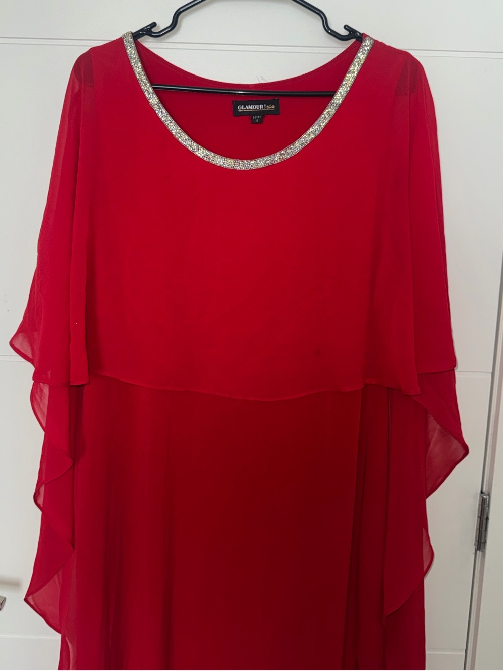 Red Chiffon Overlay Evening Dress with Embellished Neckline